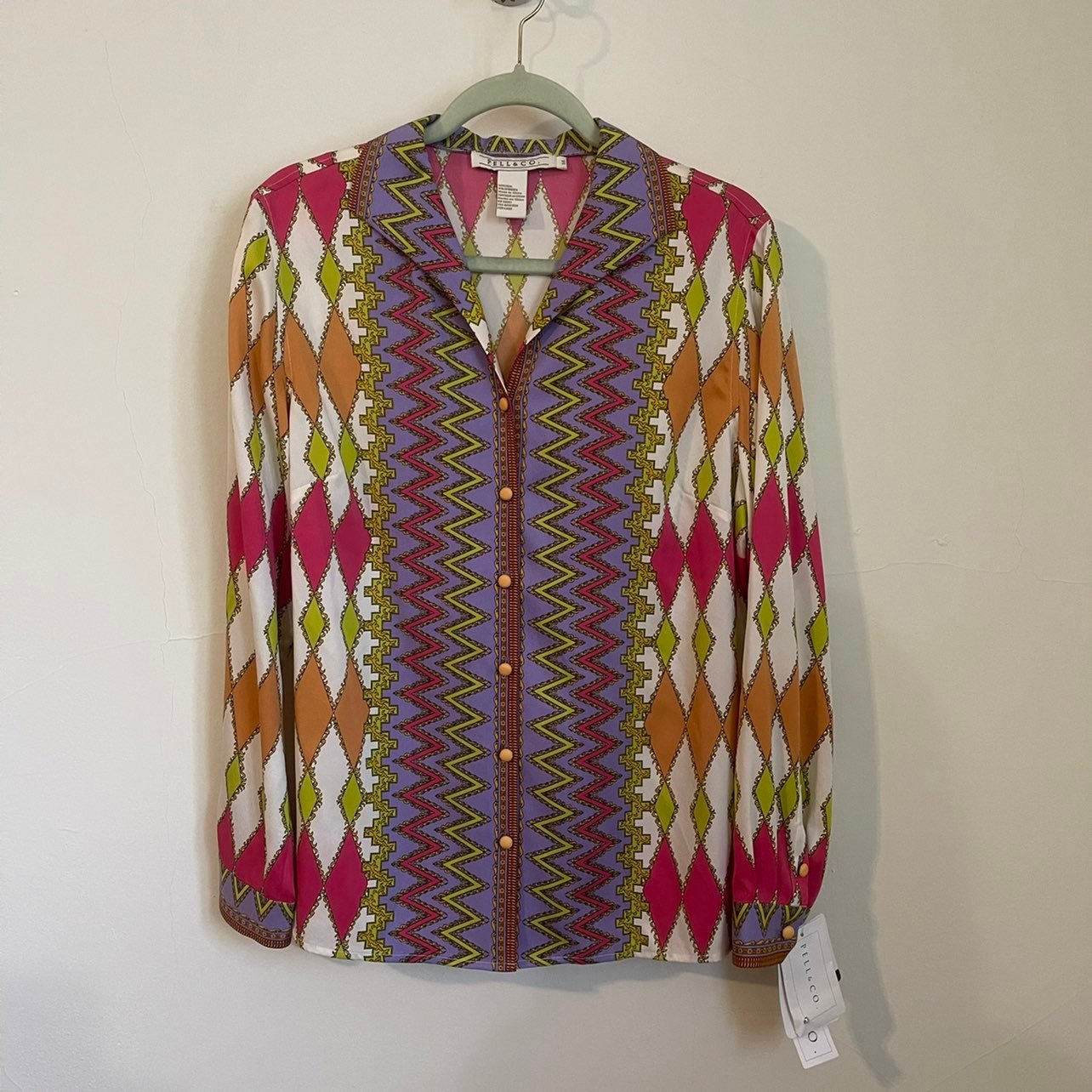 NWT Pell & Co. Silk Blend Multicolor Diamond Pattern Buttondown Blouse