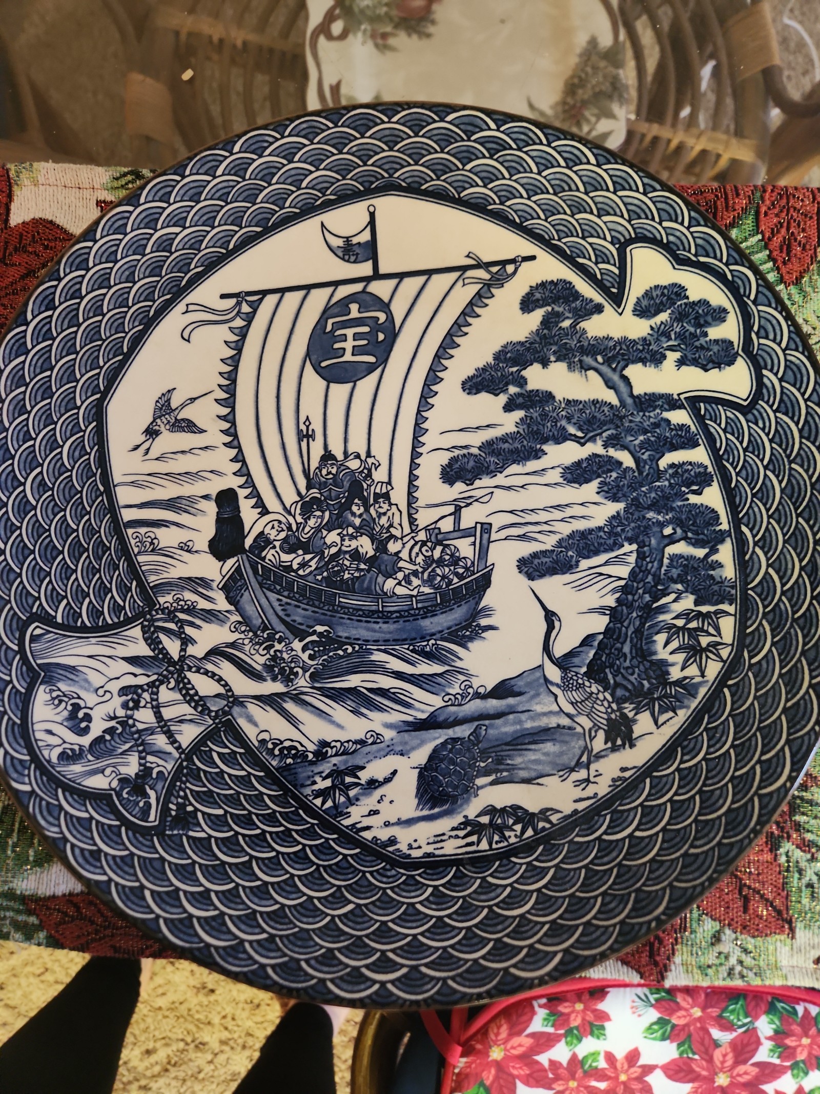 12 ANTIQUE JAPANESE BLUE & WHITE PLATE - 7 LUCKY GODS