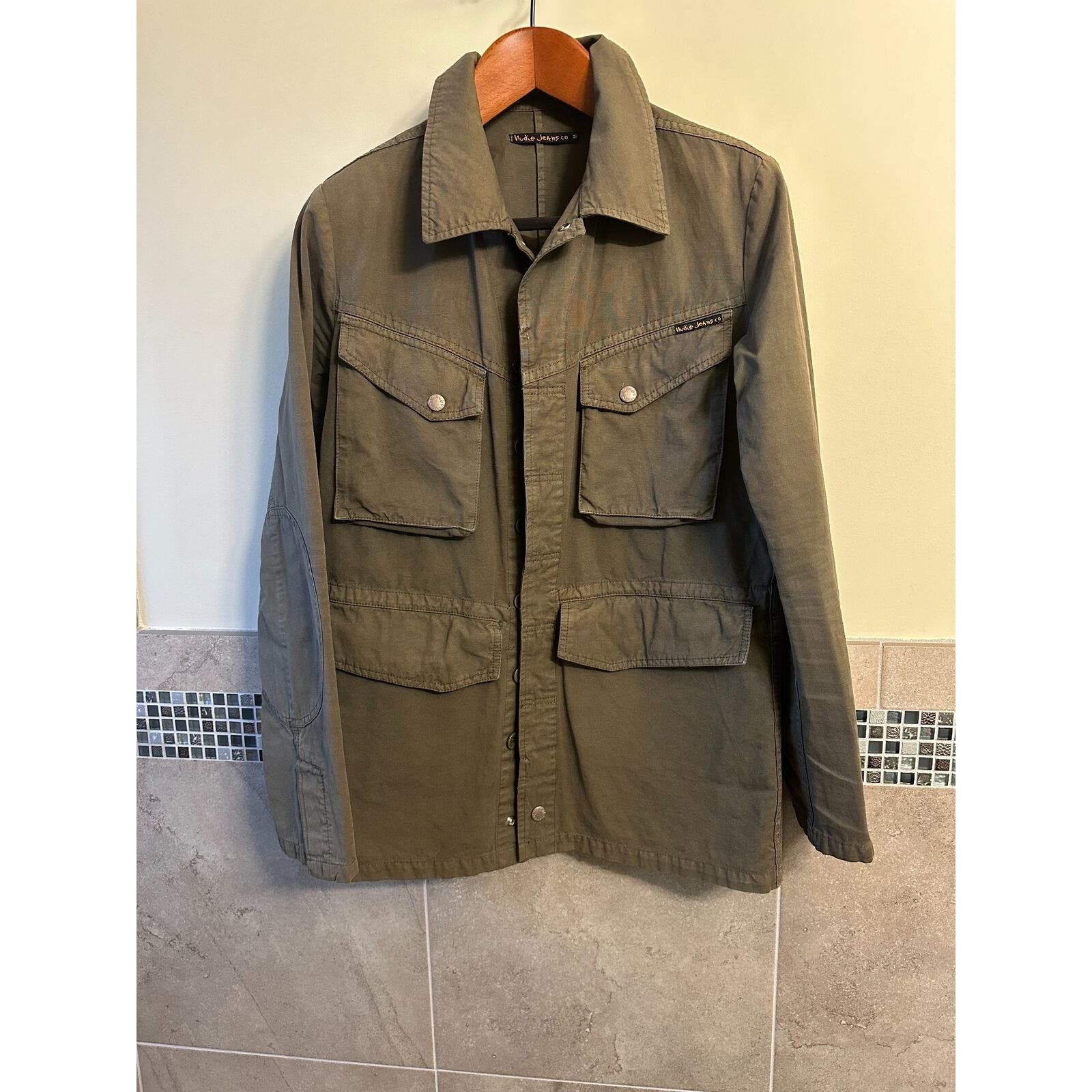 NUDIE JEANS Men's green denim Jacket Snap Button Closure SZ M EUC