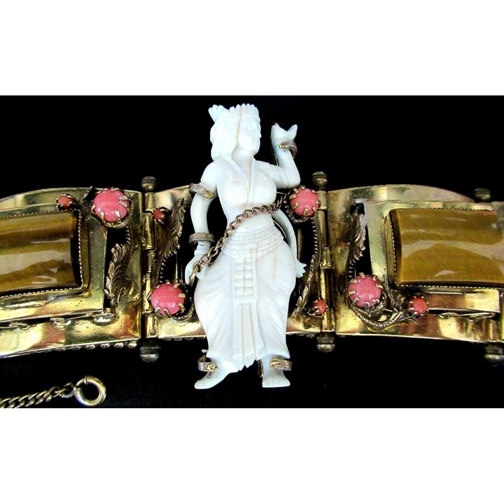Amazing Tigers Eye Coral Carved Goddess & Dragon Figure Vintage Bracelet