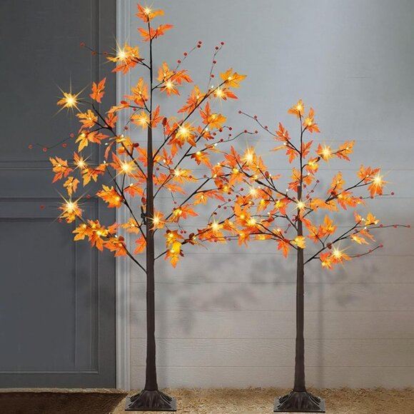 NEW 2 Pack Lighted Maple Trees Artificial Fall Acorn Trees 4FT+5FT