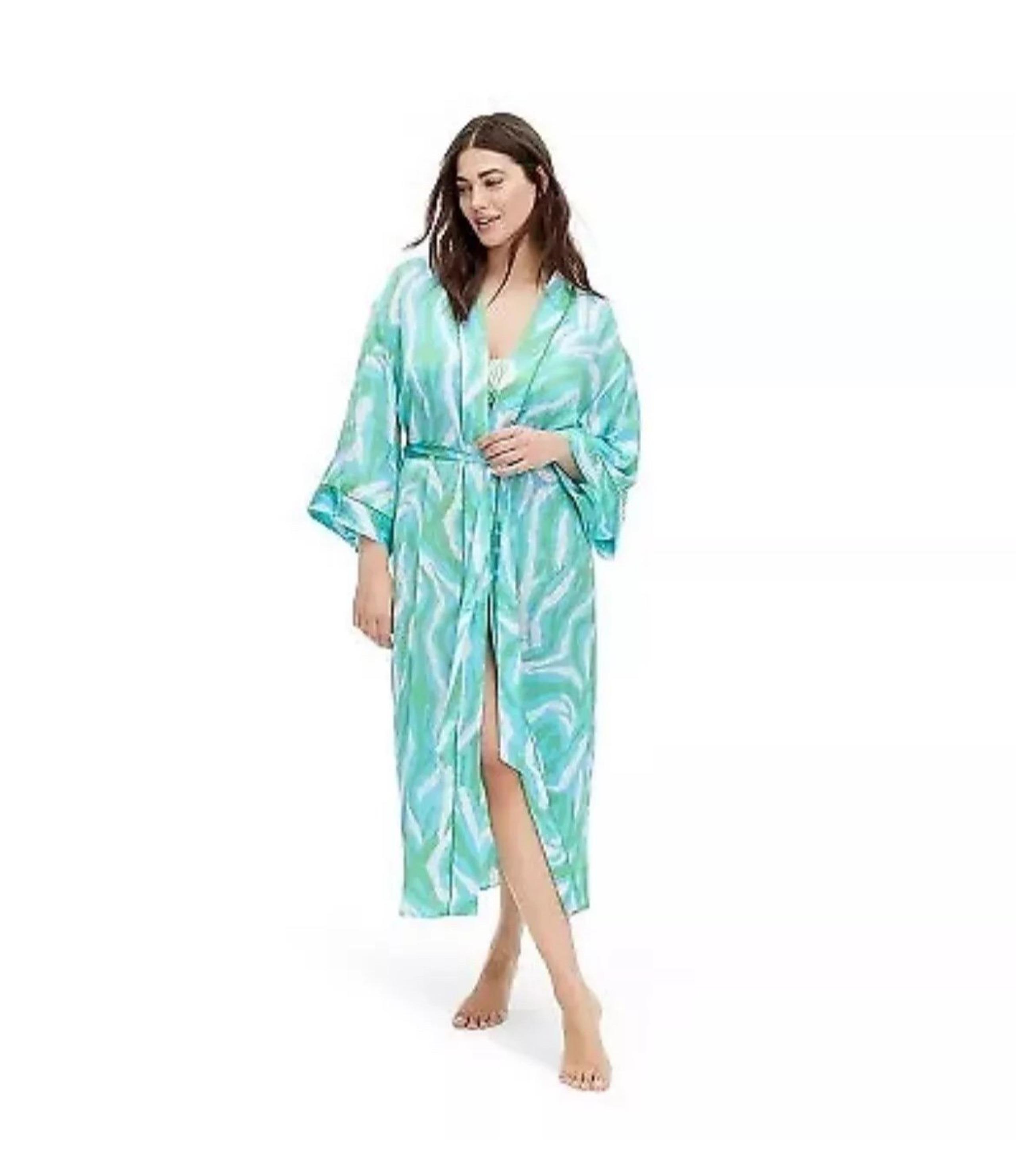 Women's Long Satin Disco Zebra Green Robe - DVF x Target XS NWT