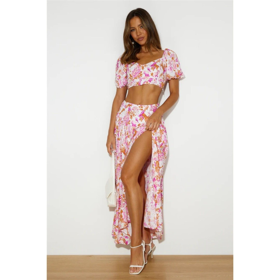 Hello Molly Her Pure Vibe Pink Floral Maxi Dress Front Slit Small