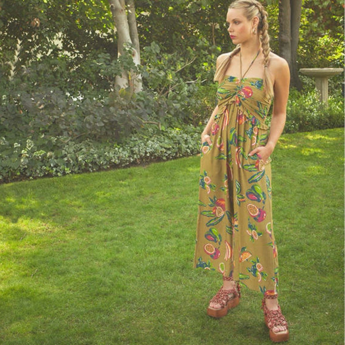 Anthropologie The Odells Isla Linen Jumpsuit Olive Fruit Print Size XL 238