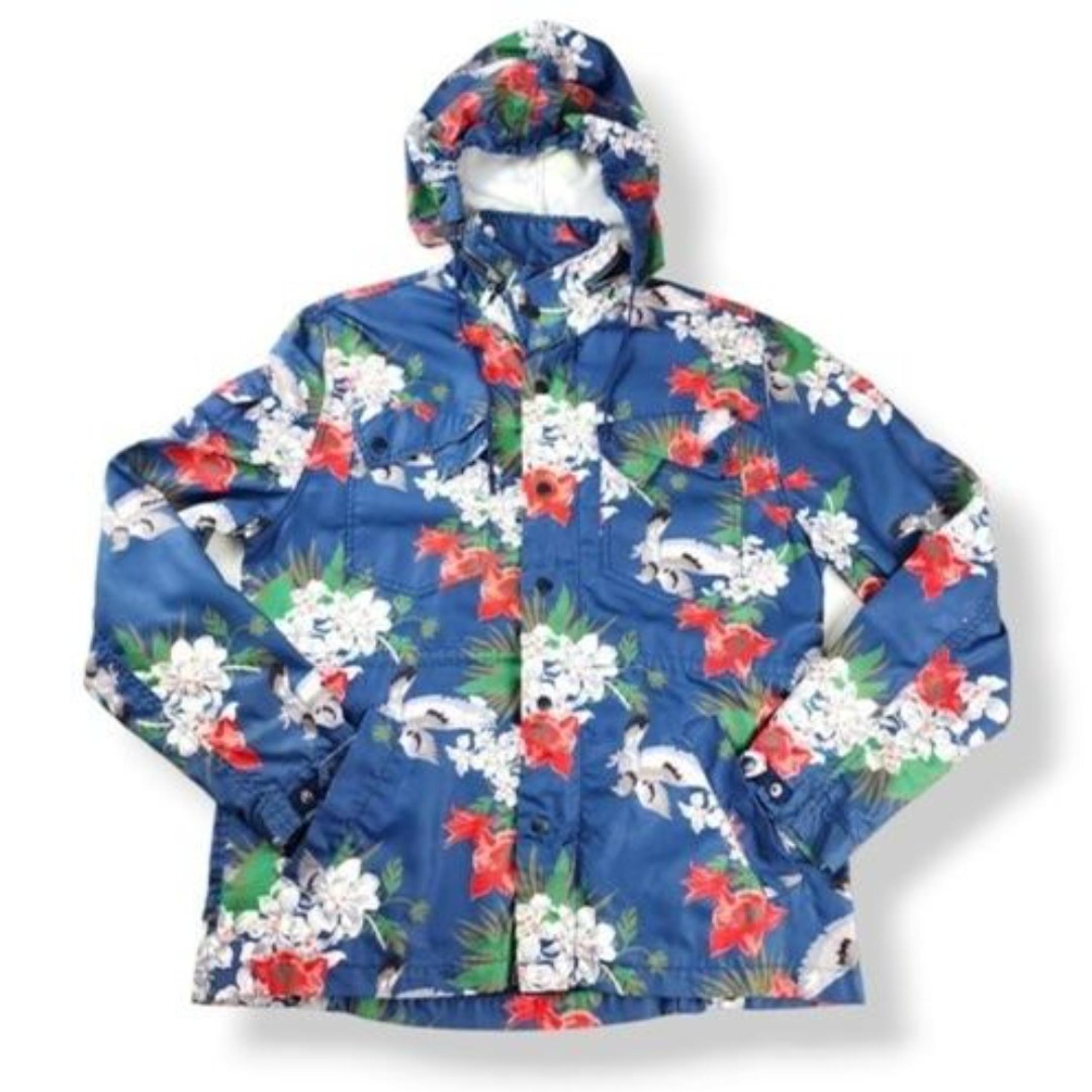 Staple Hooded Rain Jacket Coat Pigeon Brand Blue Floral Birds Print Size M