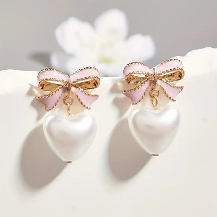 Charming Pink Bow Earrings with Faux Pearl Hearts Gold Plated