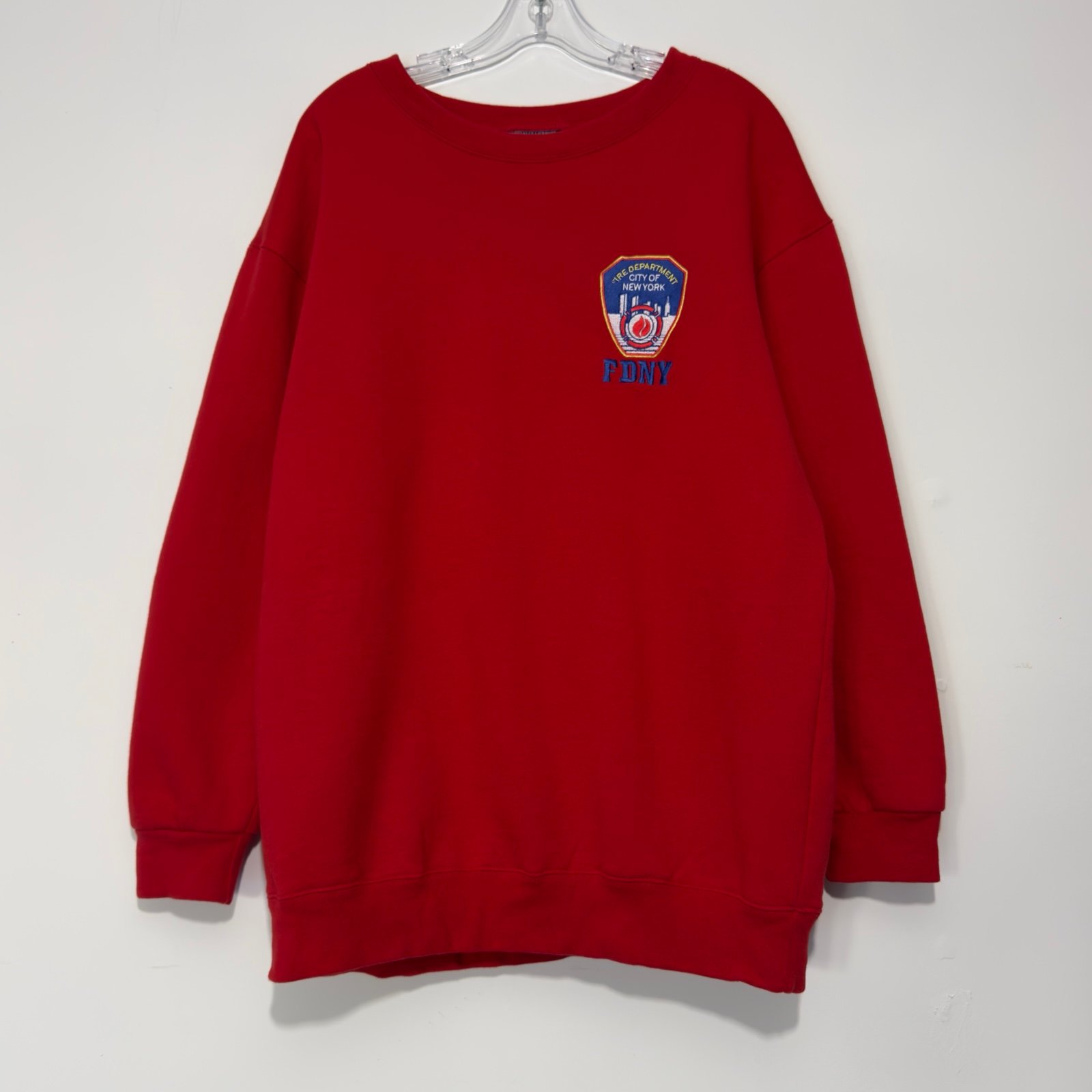 NWT FDNY FIRE DEPARTMENT OF NEW YORK Red Embroidered Crew Sweatshirt  L Large