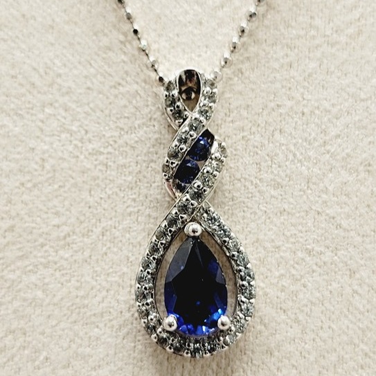 Designer Blue & White Sapphire Pendant Necklace 925 Sterling Silver 18