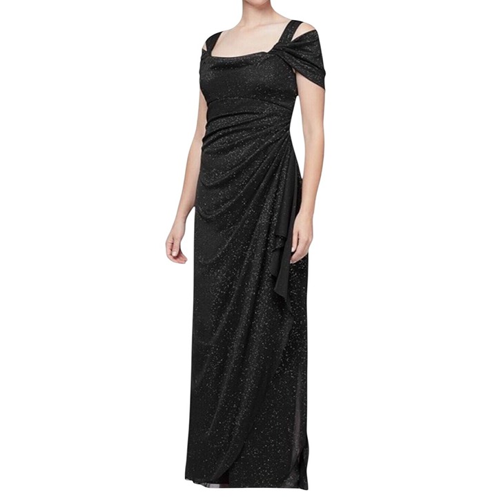 Alex Evenings Womens Black dress Glittery Evening Gown Draped Front Size 18