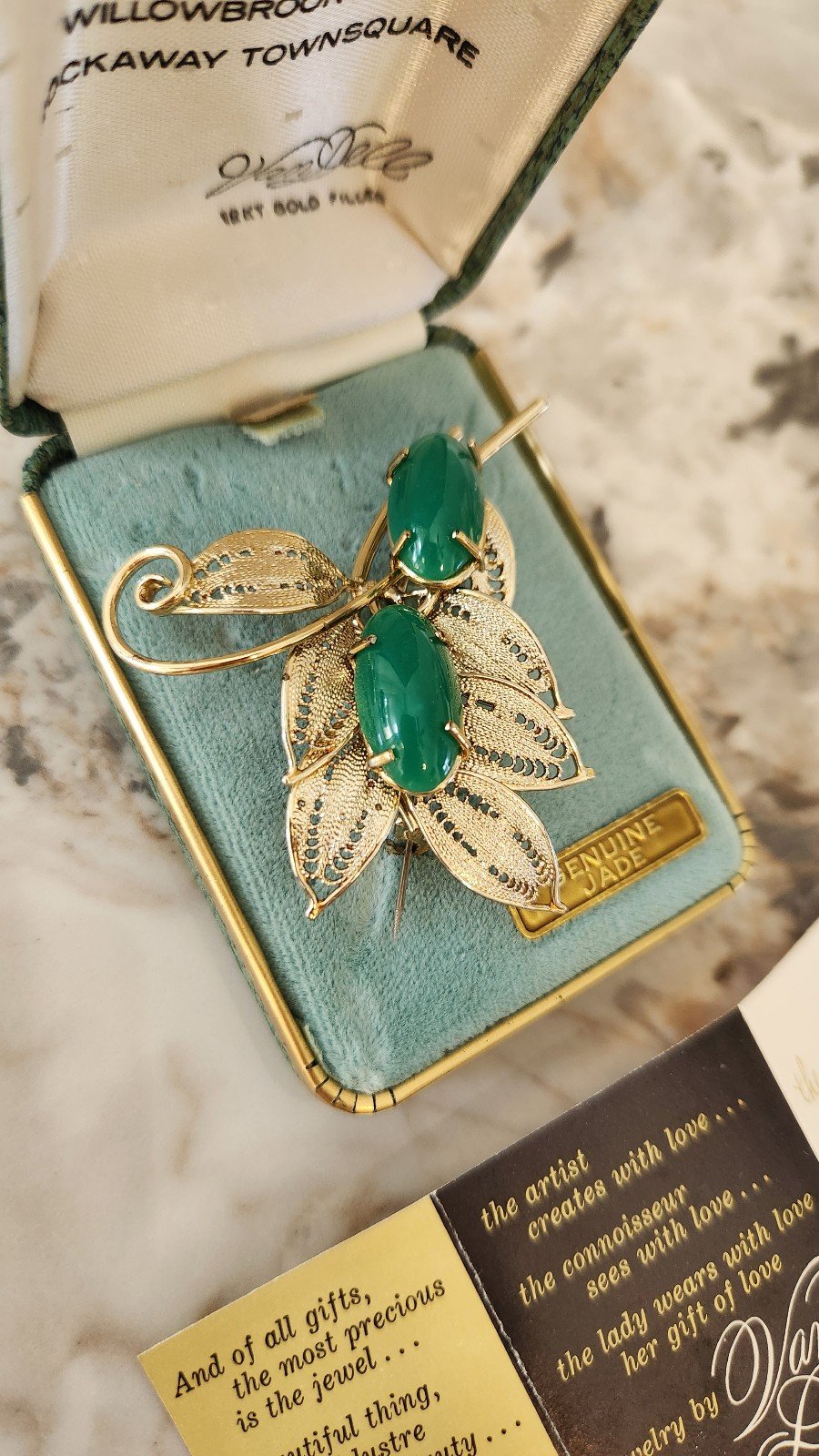 Vintage Van Dell 12k GF Filigree Jade Brooch