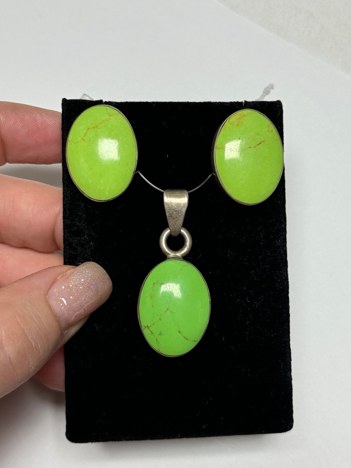 Vintage Lime Green Turquoise Sterling Mexico Earrings Pendant Set
