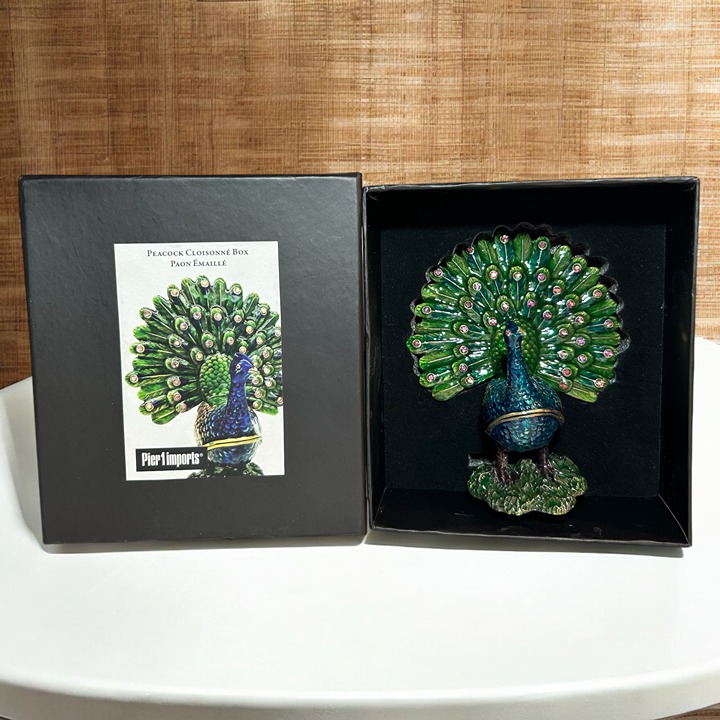 Pier1 Imports Peacock Cloisonné Box Pill Trinket Box Hidden Magnetic Figure