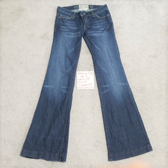 Y2K American Rag Dark Wash LowRise Embroidered Hippie Bell Bottom Jeans