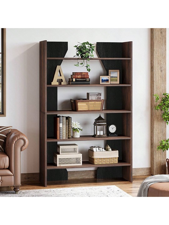 Wood Bookshelf 5-Tier Bookcase With Open Storage Shelves For Living Room, 67 Inc