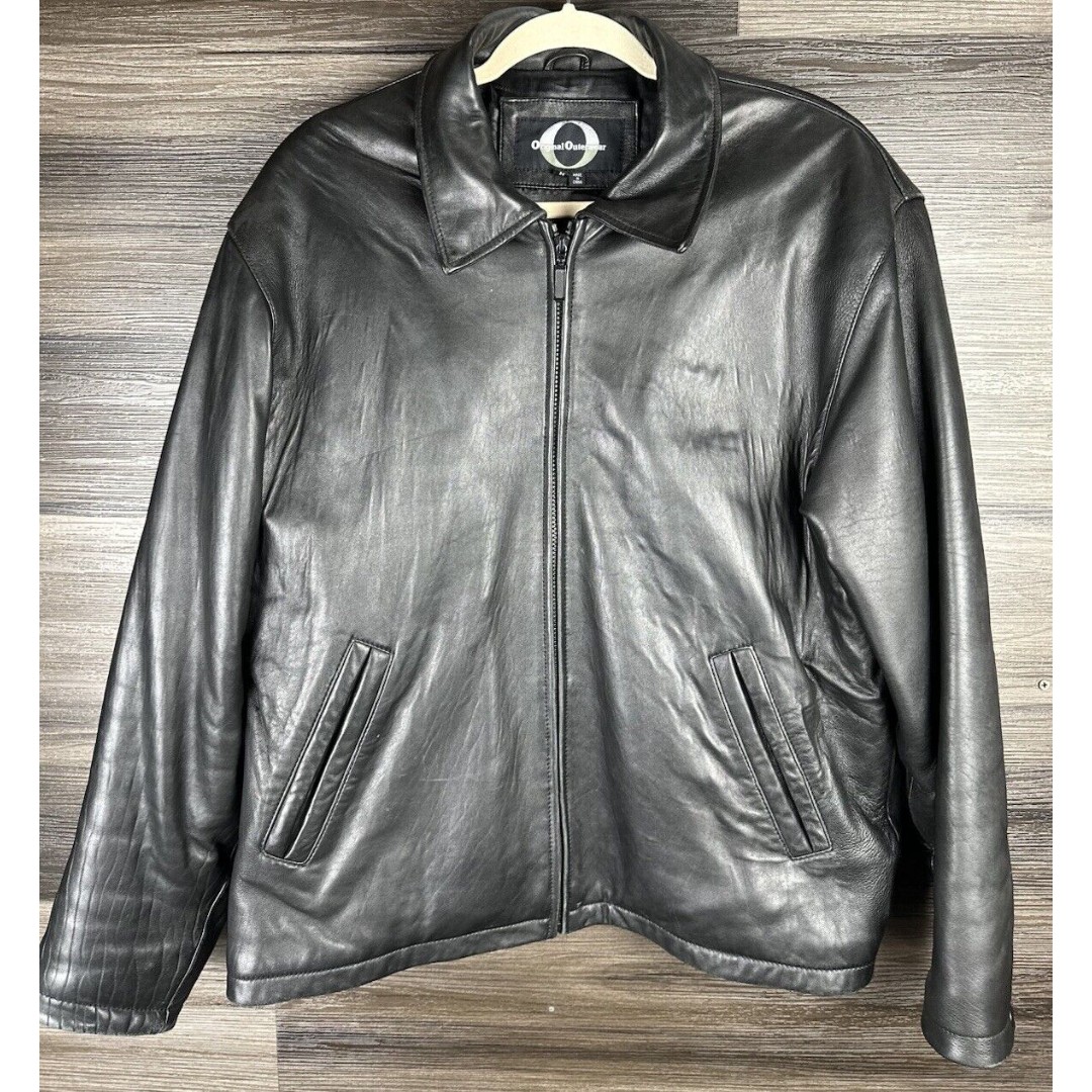 Men's Leather Jacket Bomber Jacket Black Soft Original Outerwear MED