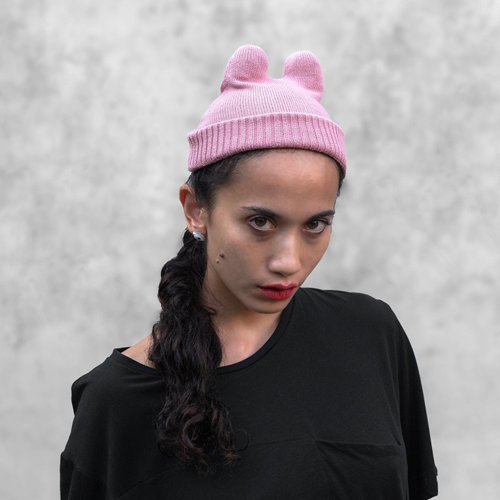 MINI SOCKY - Pink Beanie -Pink Cotton Knit Cap - Mini Rabbit Ears