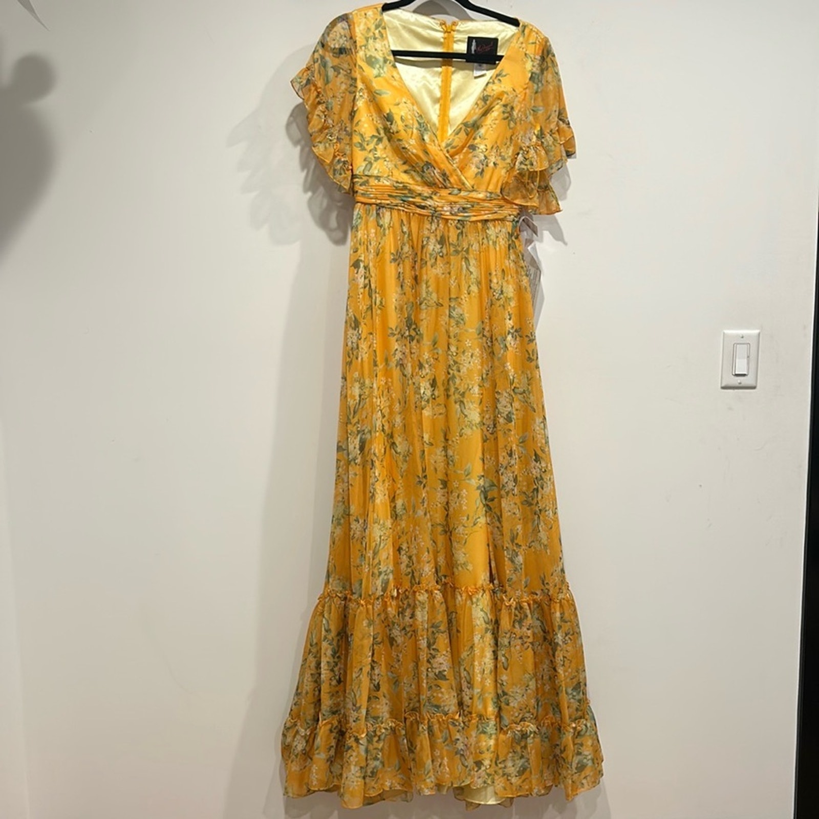 Brand New IEENA FOR MAC DUGGAL Flounce Sleeve Floral Maxi Dress Yellow multi 6