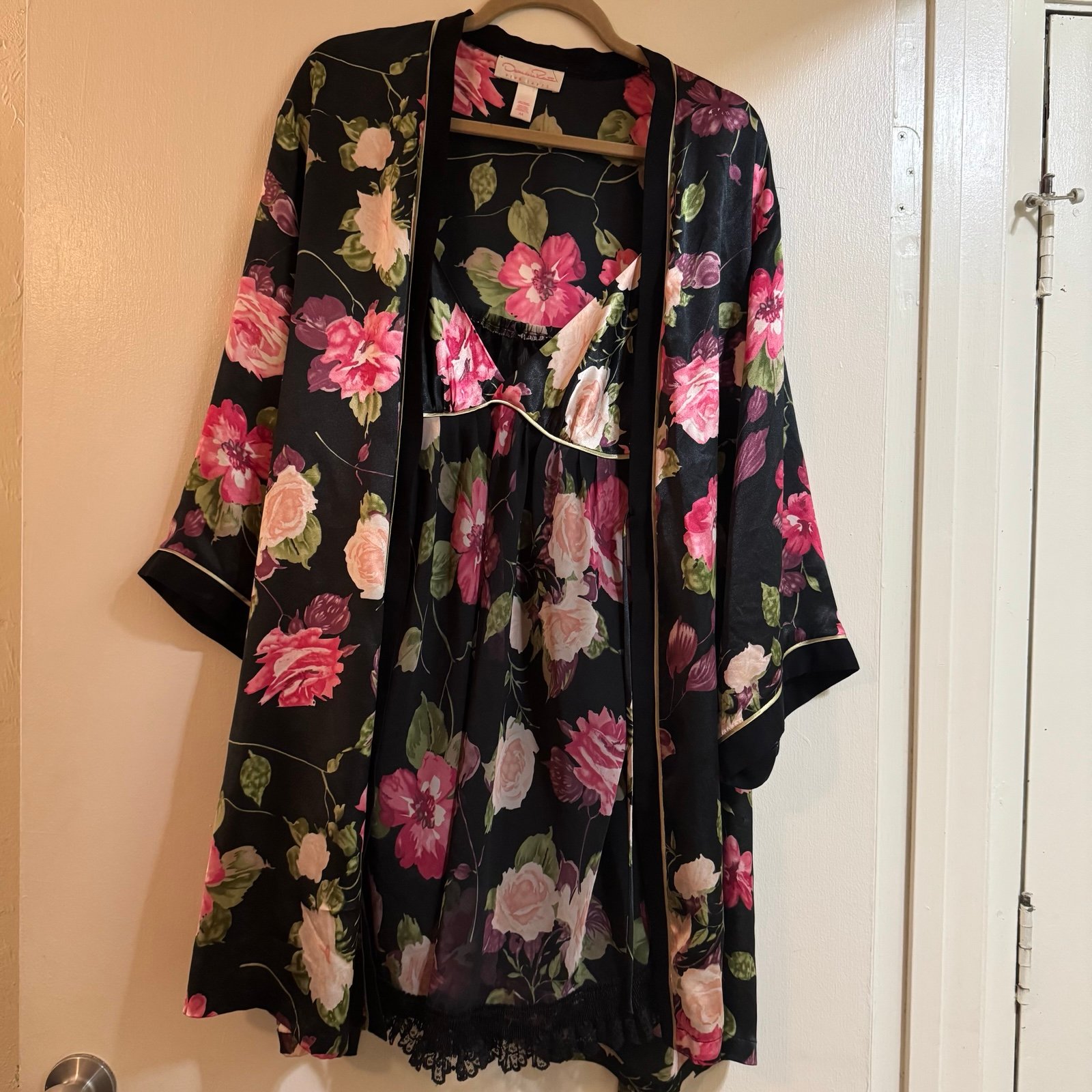 Oscar de la Renta Pink Label Black Floral Nightgown & Robe Set Kimono Sleeve M