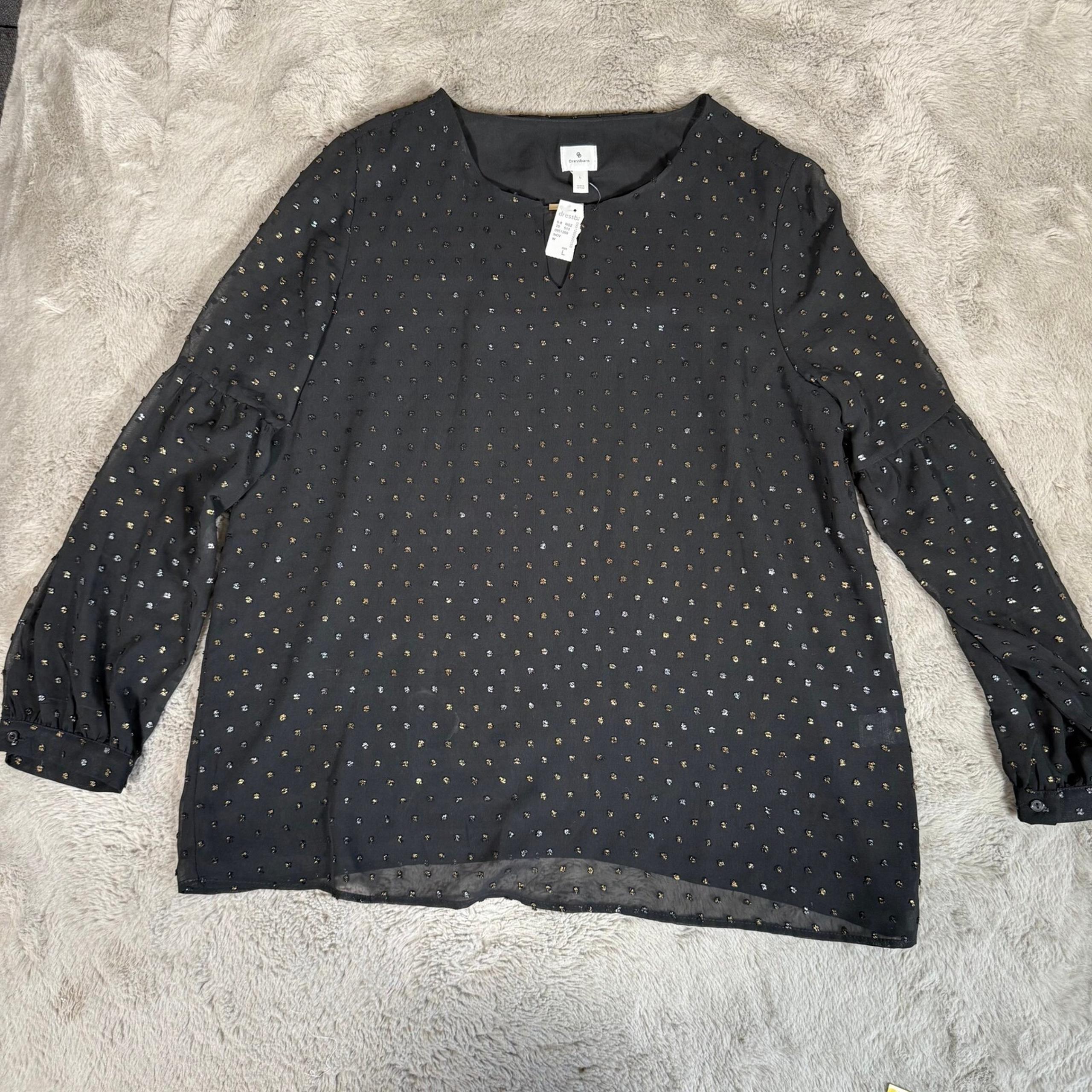 Dressbarn Blouse Sheer Metallic Dot Long Sleeve Top Black Party L
