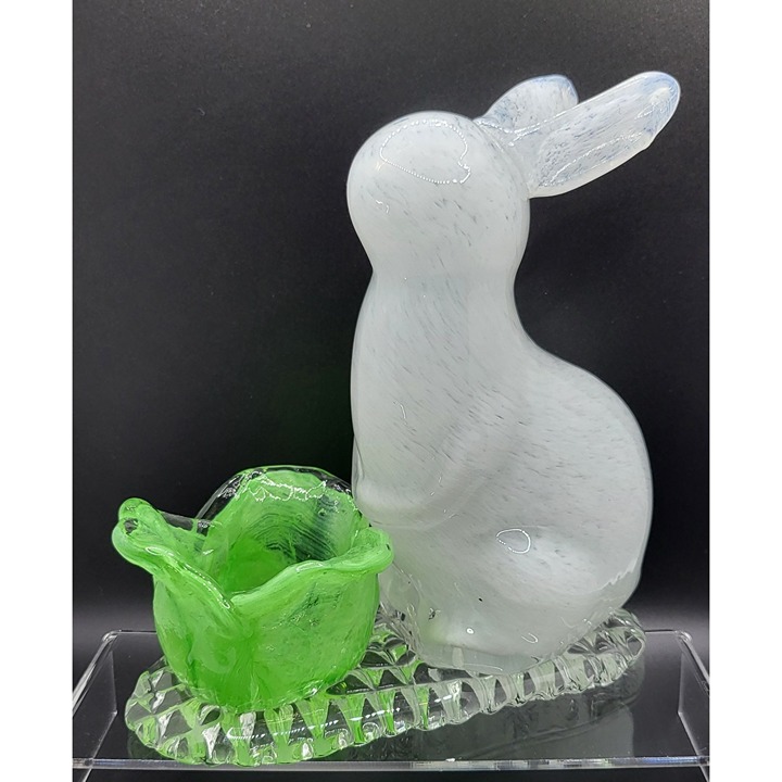 Hand Blown Art Glass Speckled Easter Bunny Rabbit Cabbage Candy Candle Holder