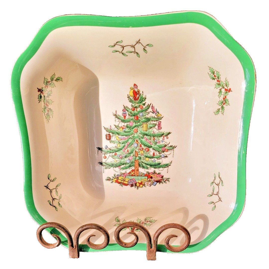 Spode Christmas Tree Square Salad Bowl, 9.5 Inch | Ceramic Salad Bowl