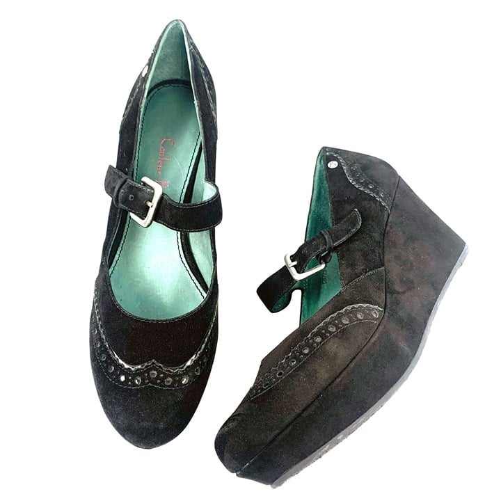 COULEUR POURPRE Womens Black Suede Wingtip Mary Jane Platform Wedges Size 10
