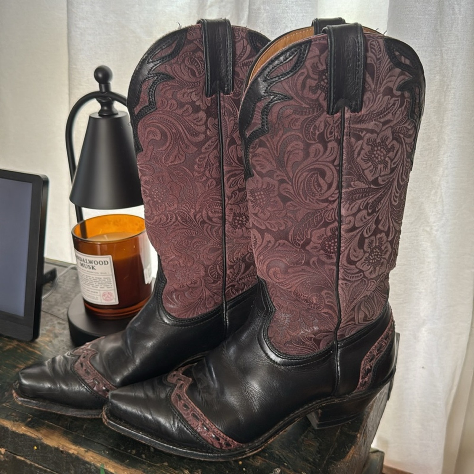 Boulet Hand Tooled Black Purple Cowgirl Boots 8