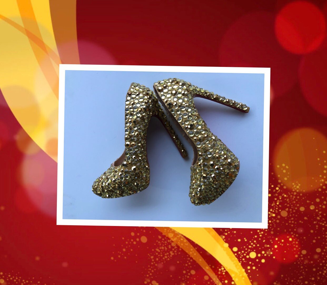 Women Red & Gold Jeweled High Heels US 7