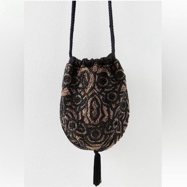 Free People Black Beaded Bucket Bag