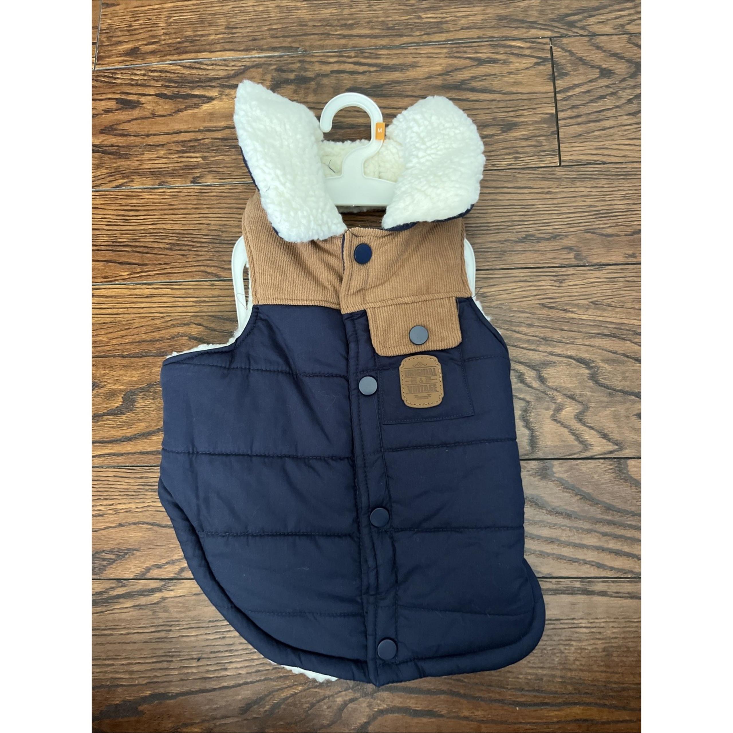 FabDog Pet Navy Quilted Sherpa Pile Lined Jacket w/Tan Corduroy Medium
