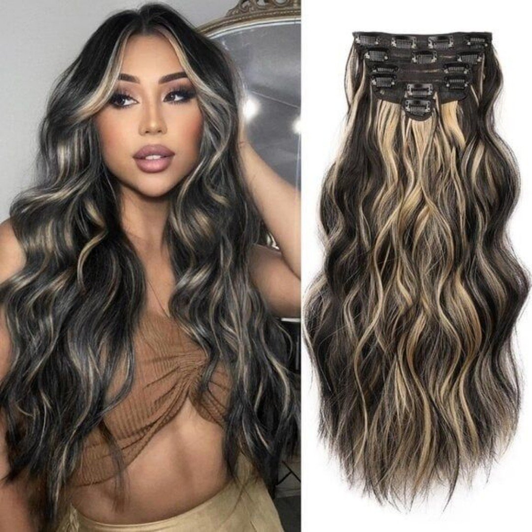New 6PCS 20 Wavy Curly Black Mix Blonde Clip-In Hair Extensions for Women