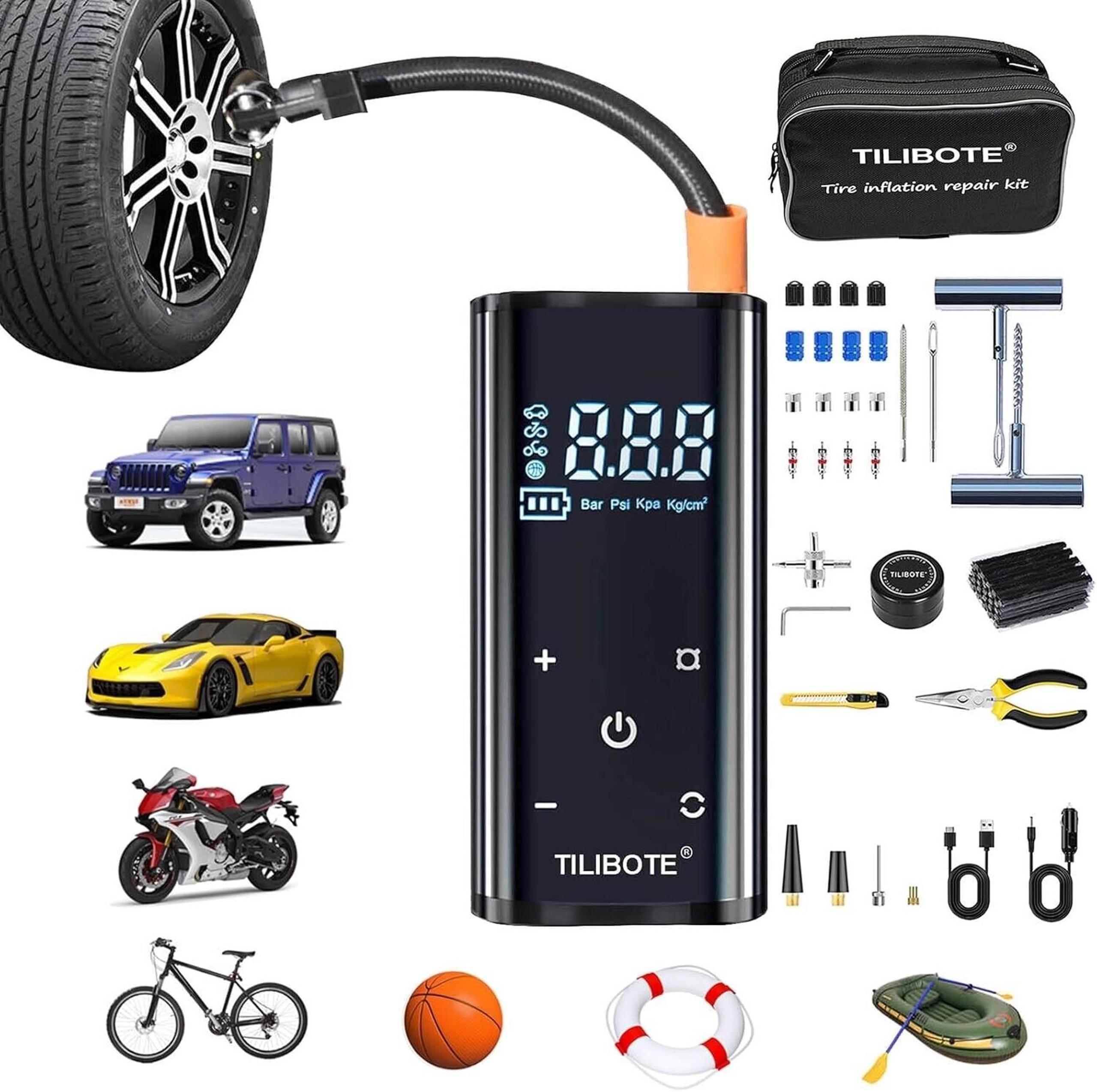 64PCS Tire Repair Kit with 120PSI Portable Air Compressor for Cars & Motorcycles