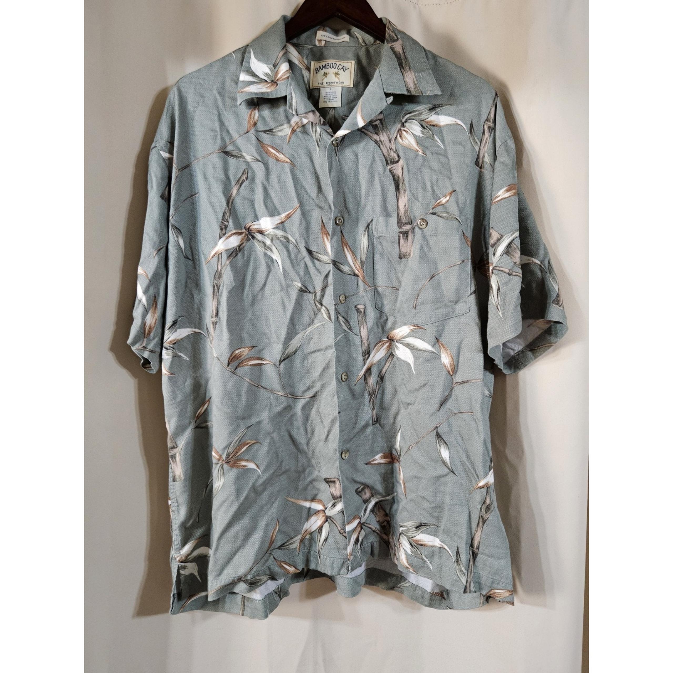 Vintage Bamboo Cay Hawaiian Shirt Size L Brown Rayon Tan Floral Hibiscus Summer