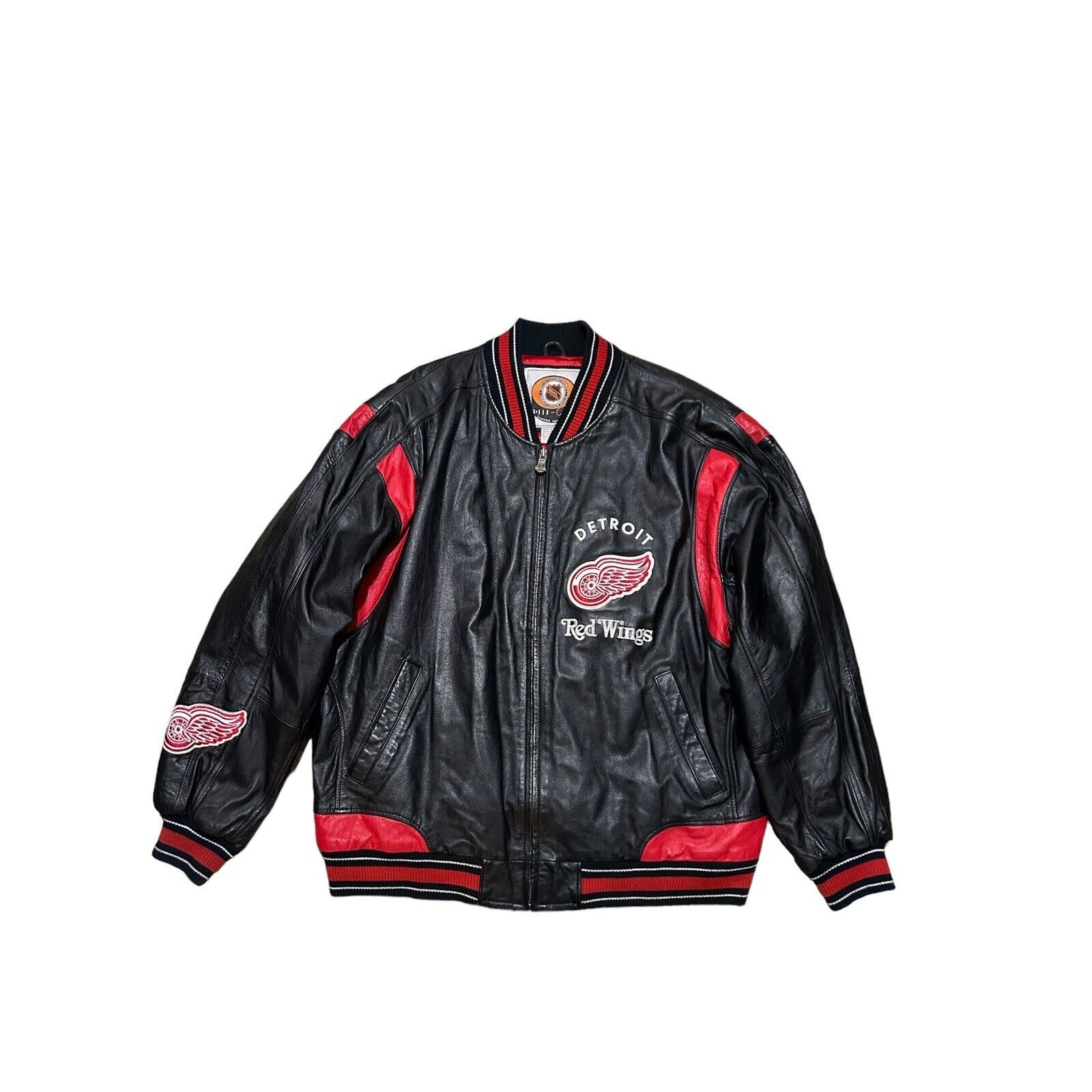 Vintage G-III By Carl Banks Detroit Redwings Leather Jacket Mens 2XL Black & Red