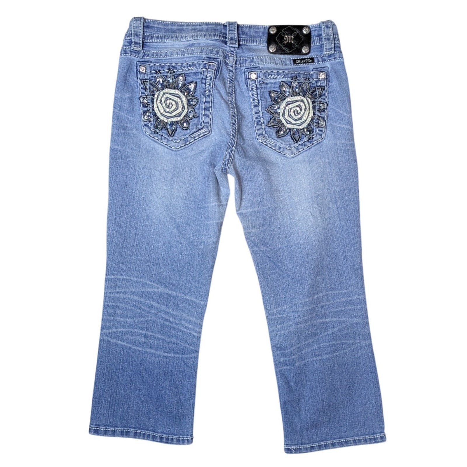 Miss Me Embroidered Sunflower Hippie Boho Flower Capri Denim Jeans Women's 30