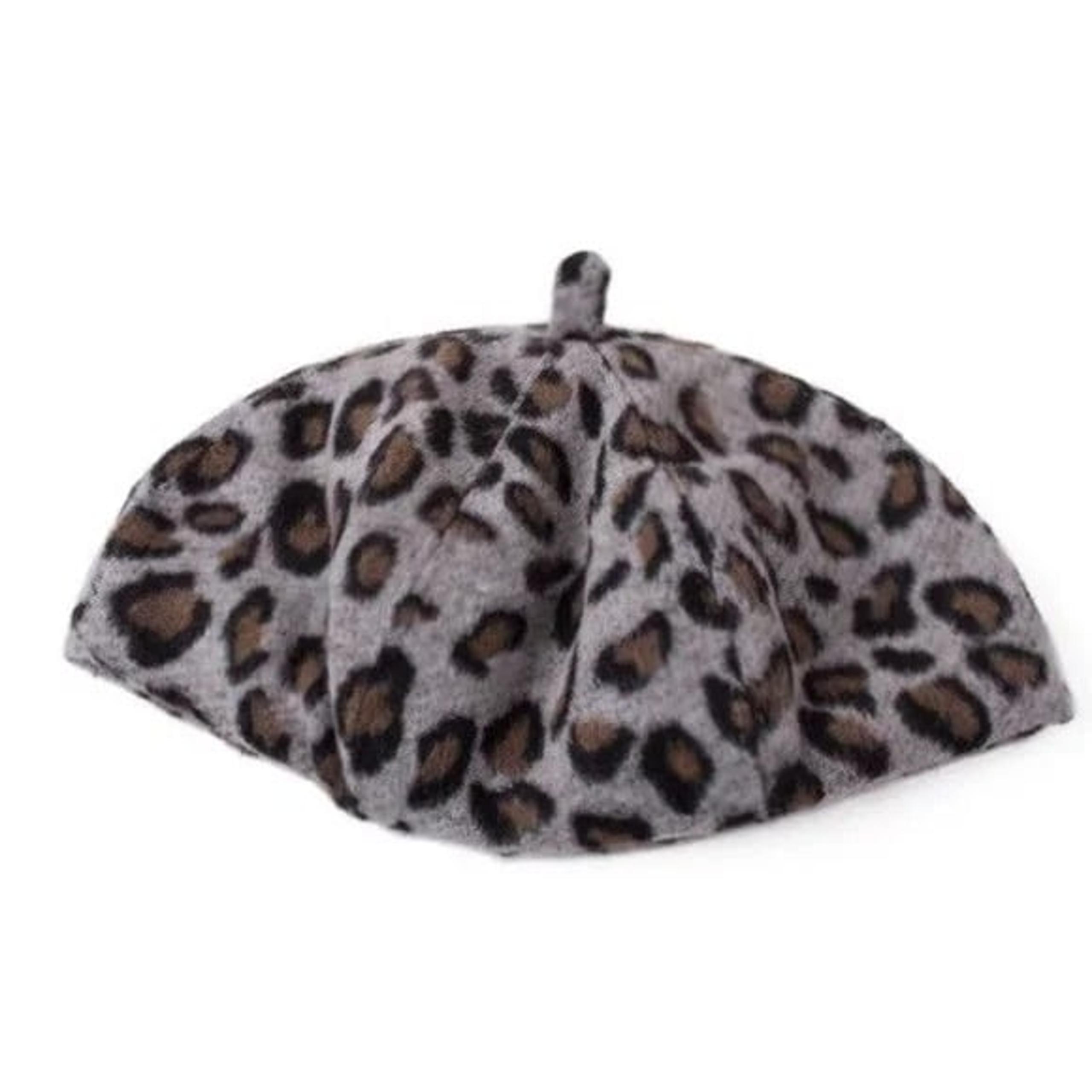 Women Animal Pattern Print Leopard French Vintage Style Beret Beanie Hat grey