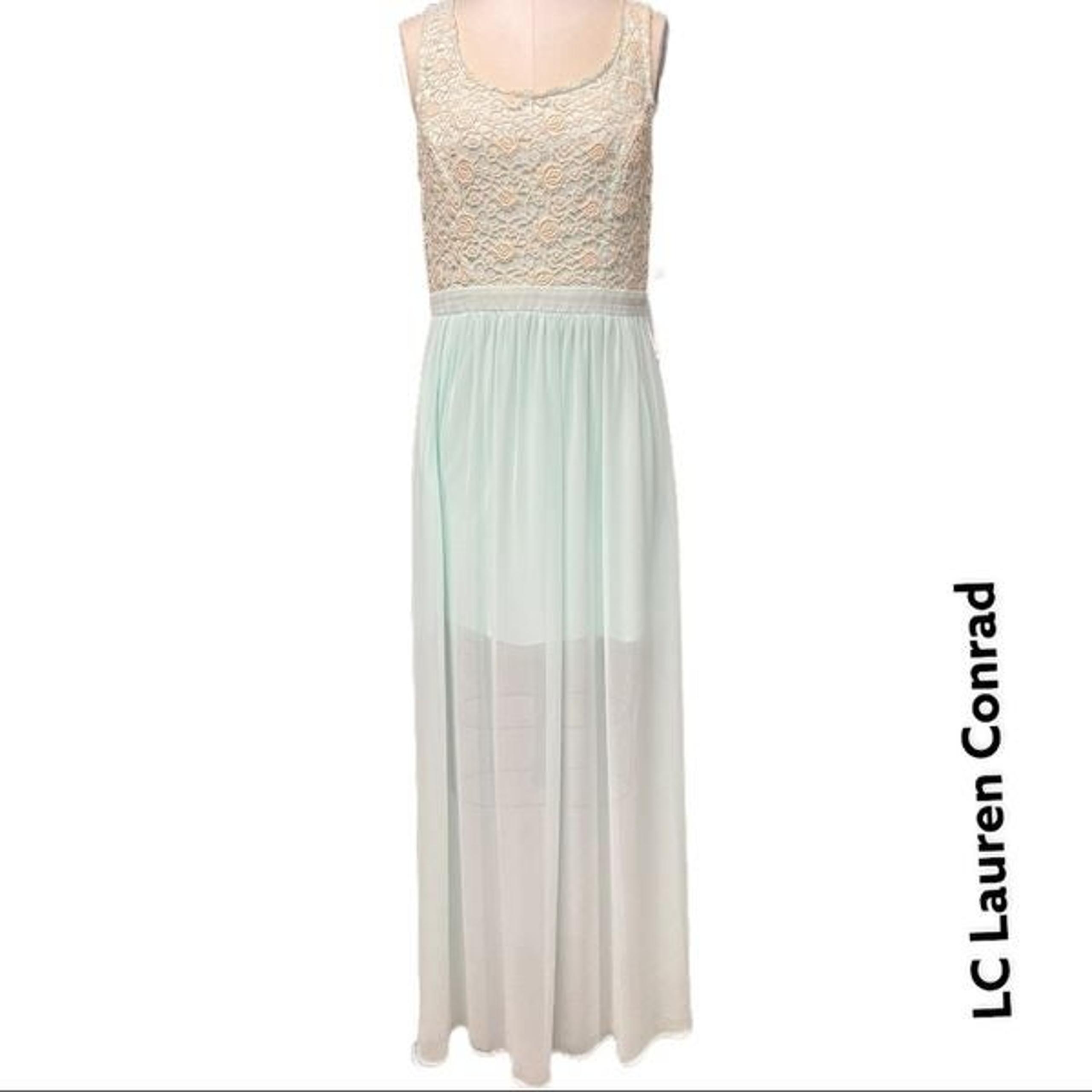 LC LAUREN CONRAD crochet lace sleeveless sheer mint maxi dress + size 10