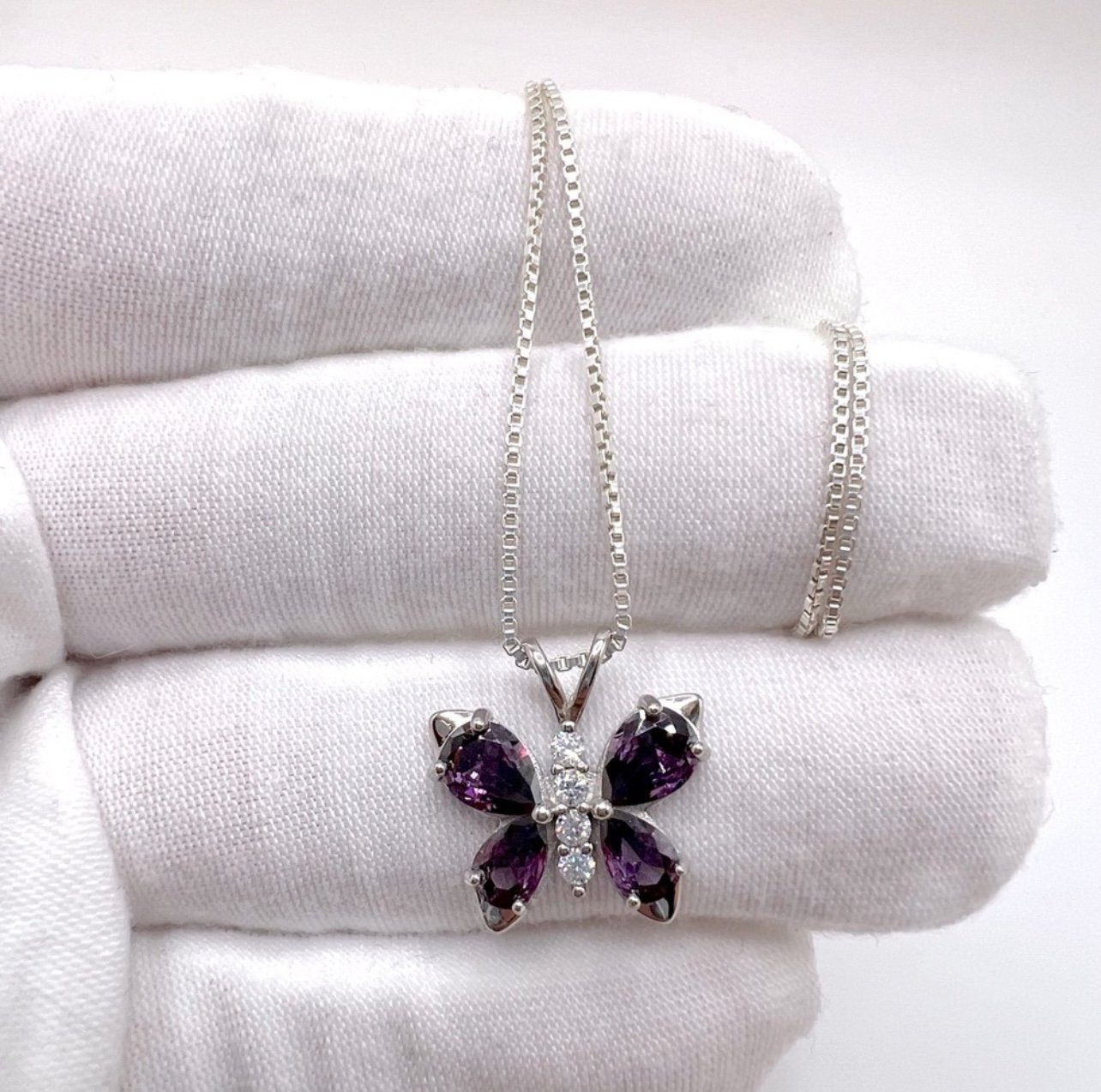 .925 Sterling Silver Amethyst Cz Butterfly Necklace