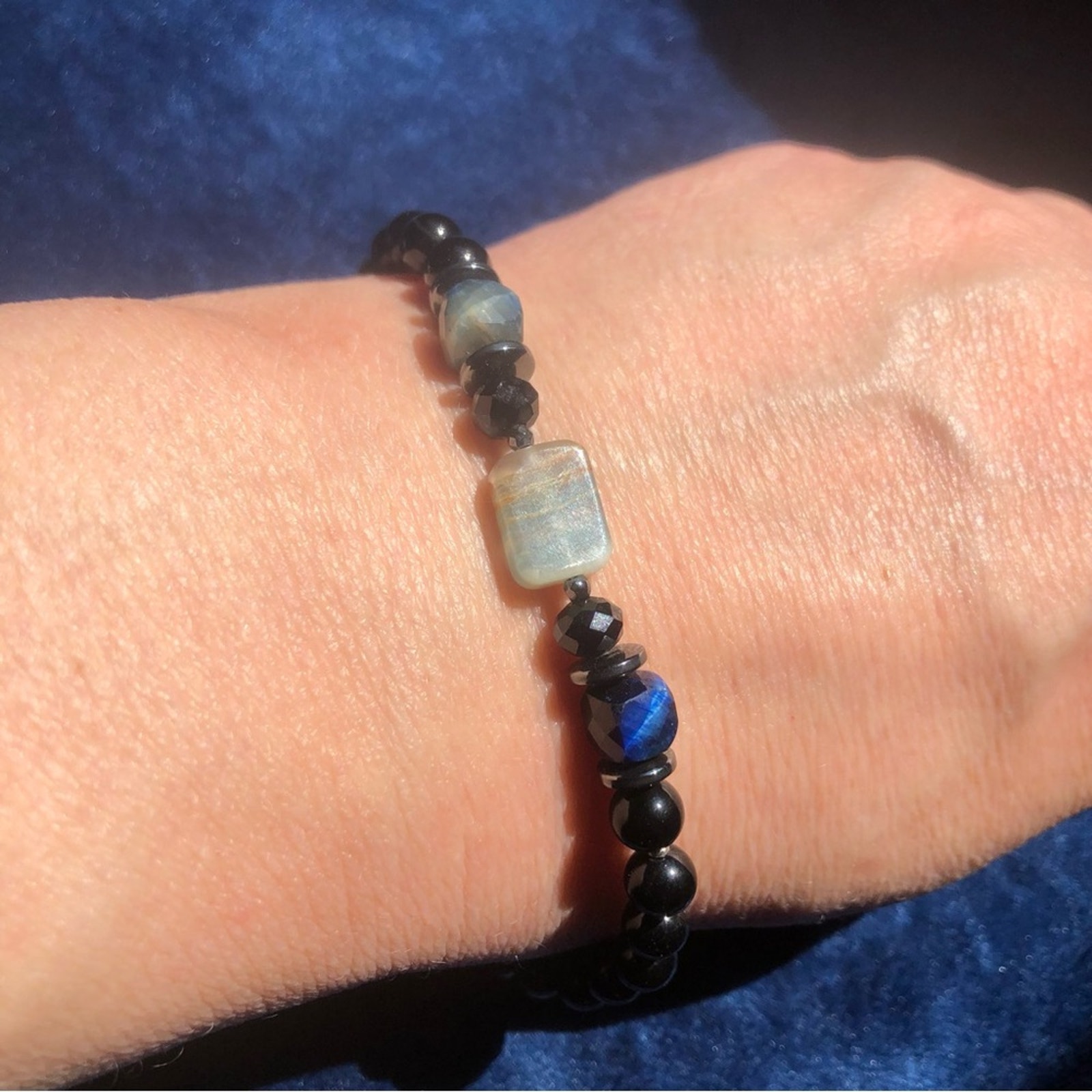 Handcrafted genuine stone calcite sodalite black onyx bracelet