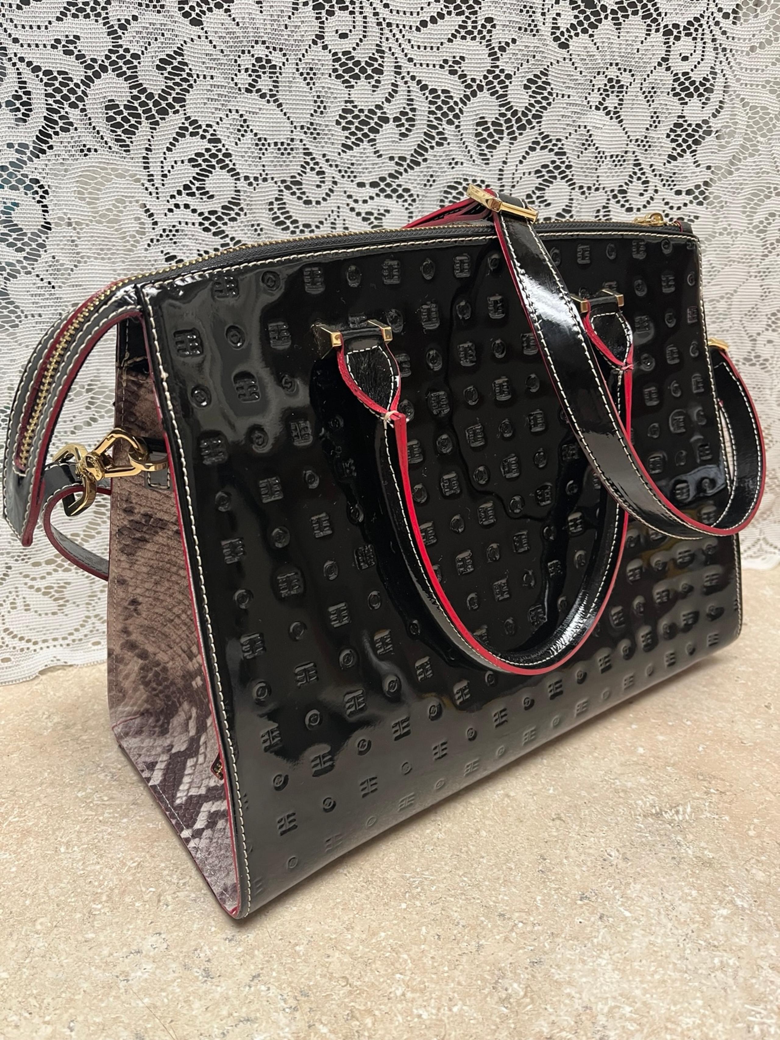 ARCADIA BLK PATENT LEATHER GORGEOUS-BAG SATCHEL MADE IN ITALY SNAKE SKIN ON SID