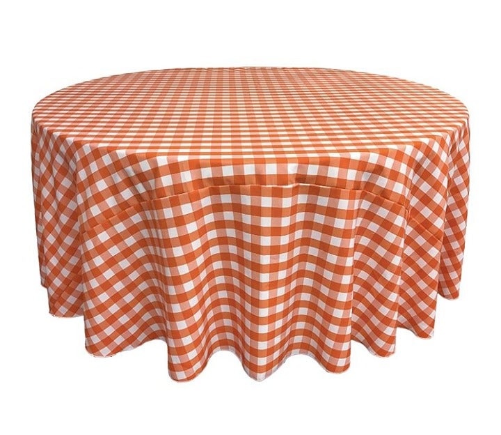 Poly Checkered Round Tablecloth, 120-Inch, Orange/White