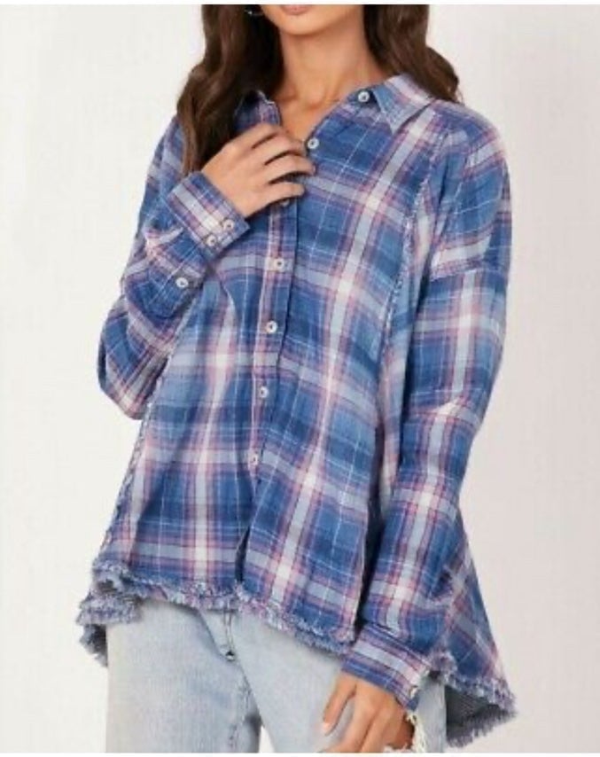 FREE PEOPLE Oversized Slouchy Blue Plaid Cotton Gauze Tunic Fray Top