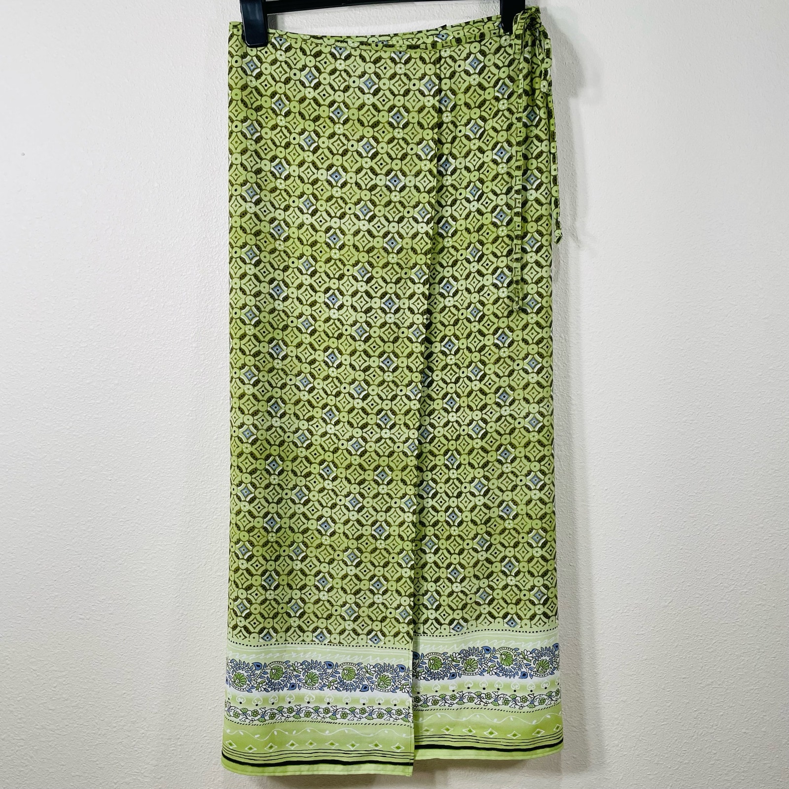 Vintage 90s Y2K Rue 21 Green Print Wrap Maxi Skirt Boho Hippie 2000s Retro M