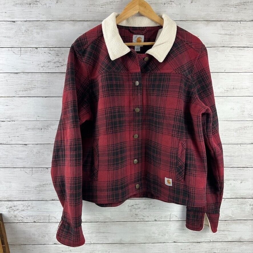 Carhartt Red Black Plaid Snap Up with Sherpa Collar Jacket Size XL