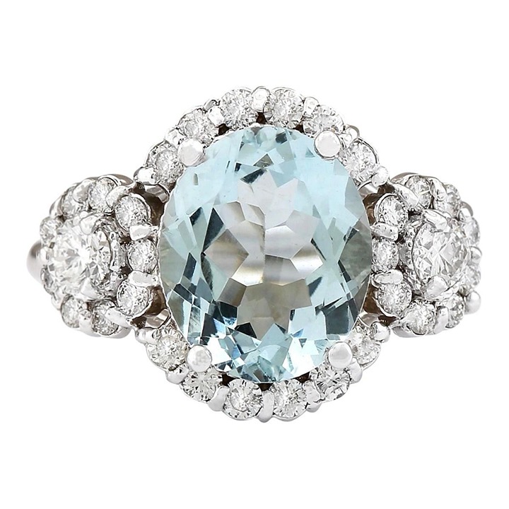 7.30Ct Natural Oval Aquamarine & Diamond Halo Solitaire Ring 14k White Gold
