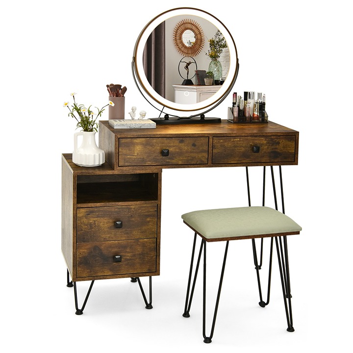 Vanity Table Stool Set Dimmer LED Mirror Large Cabinet Drawer Rustic Brown