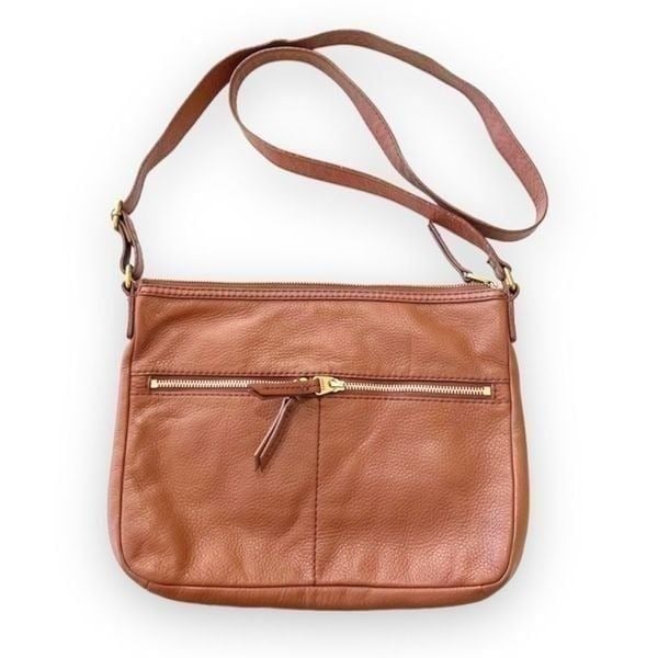 Fossil Elise Brown Leather Crossbody Bag Pebbled Leather Tan Zip Pocket Cow Hide