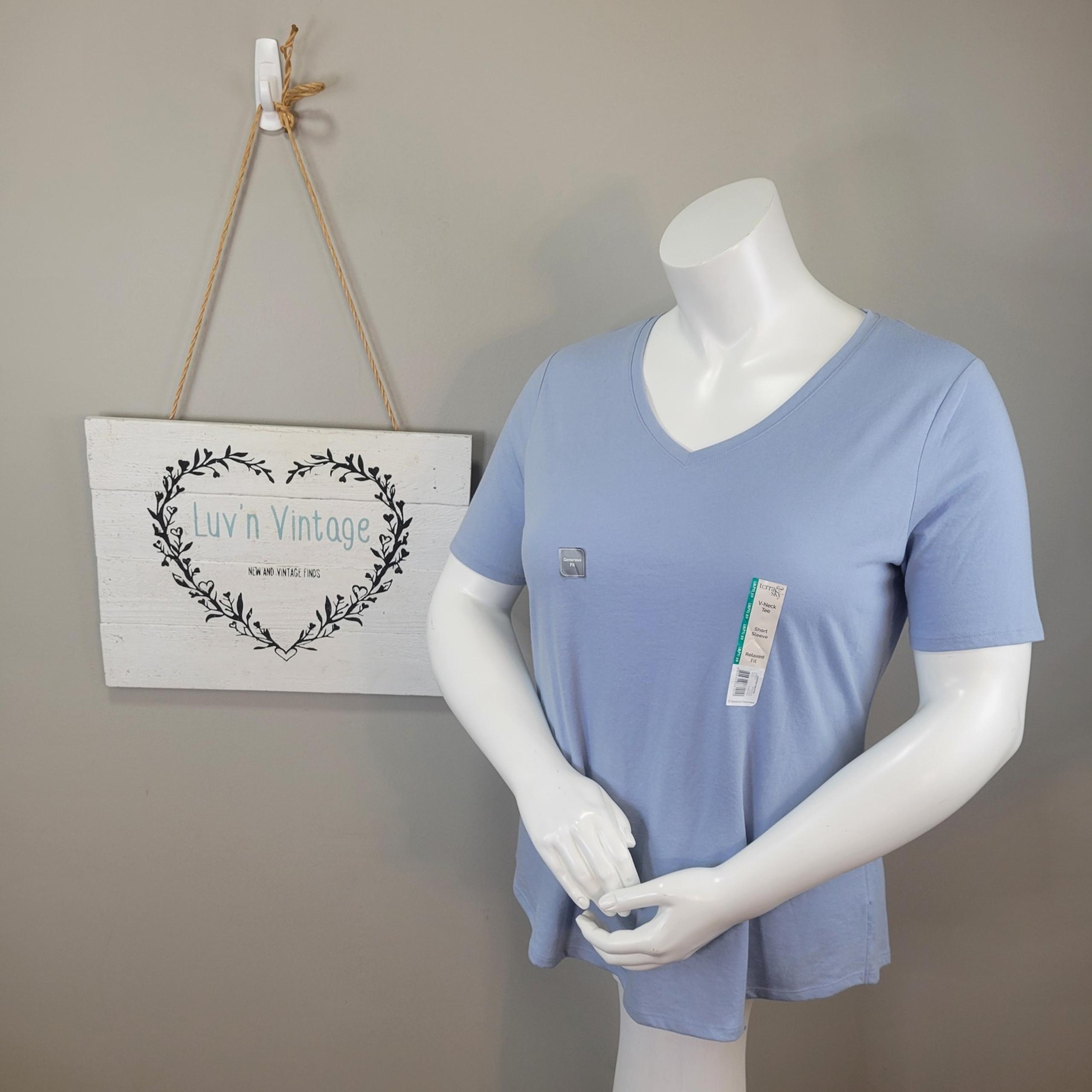 Terra & Sky V-Neck Tee Relaxed Fit Short Sleeve Top Blue Water Plus Size 14W