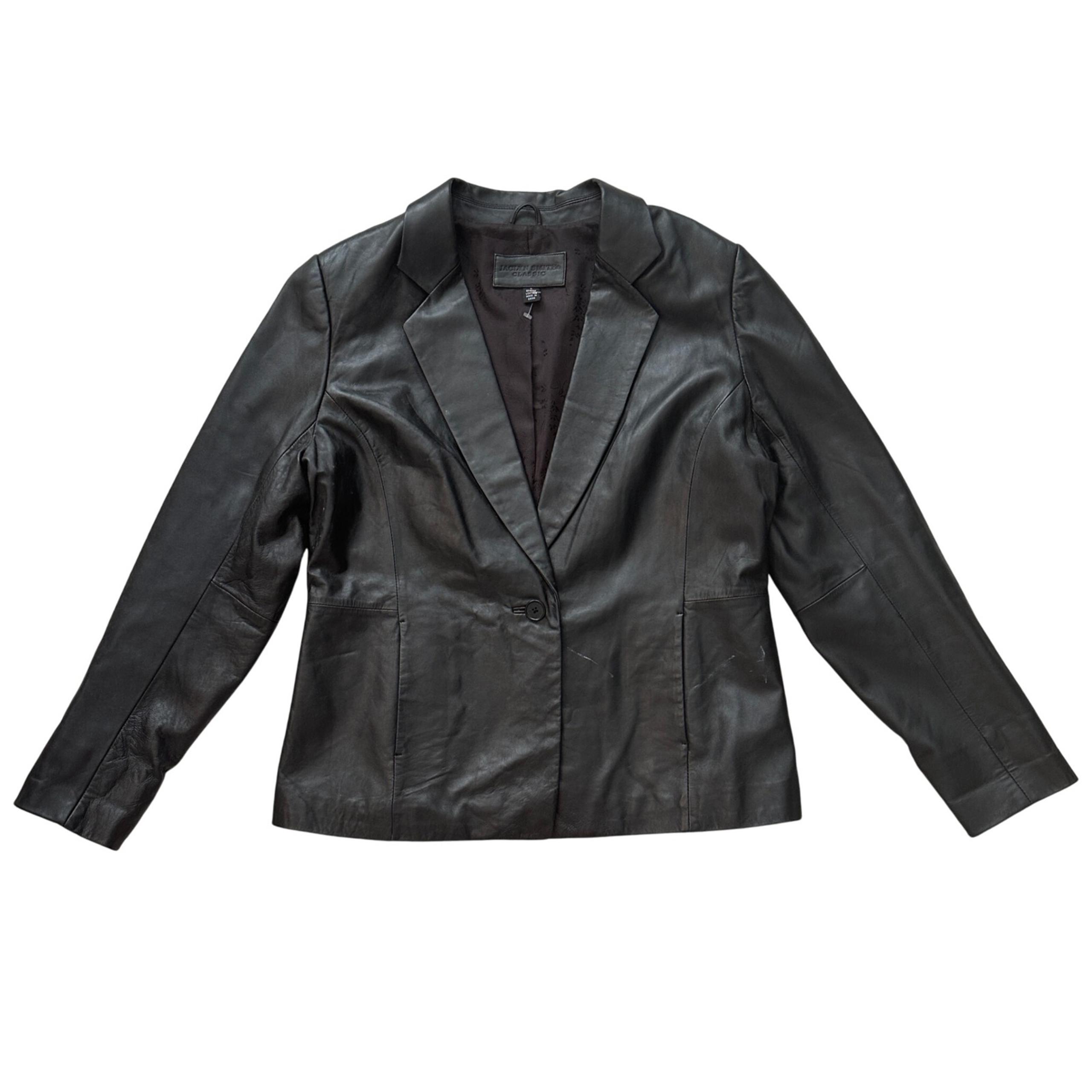 Jaclyn Smith Genuine Leather Blazer Jacket  Black Button Up Womens Large