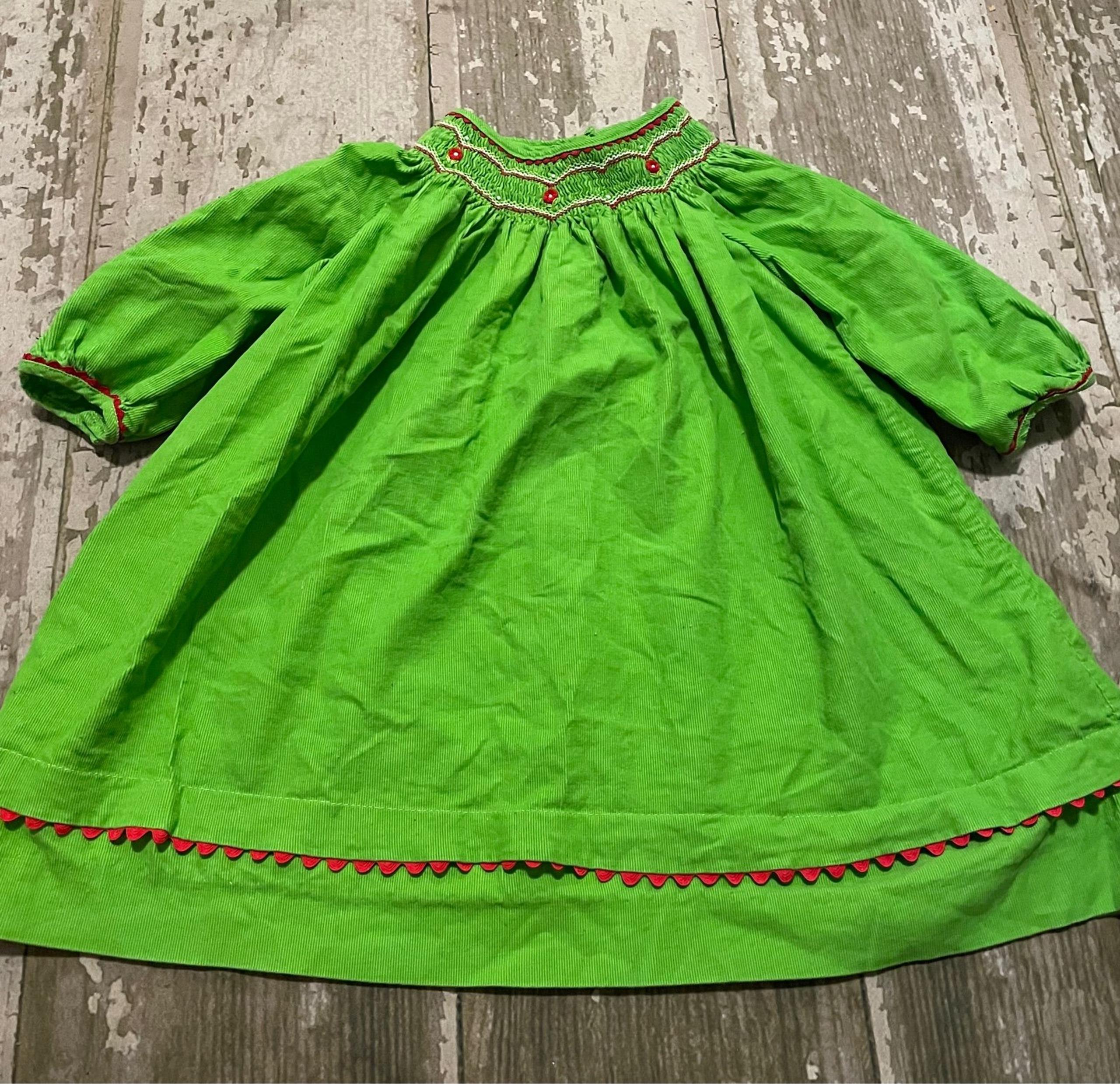 Rare Editions Green w/ Red Long Sleeve Smocked Christmas Dress Girls 24 months